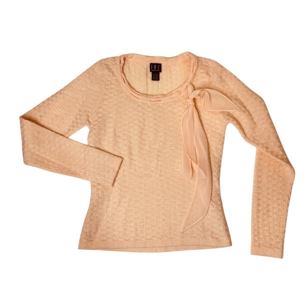 INC International Concepts Y2K Peach Pink Textured Knit Bow Neck‎ Sweater Size S